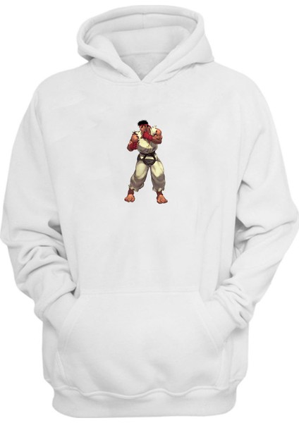 Unisex Sokak Dövüşçüsü Ryu Baskılı Beyaz Normal Kalıp Şardonlu Kalın Sweatshirt