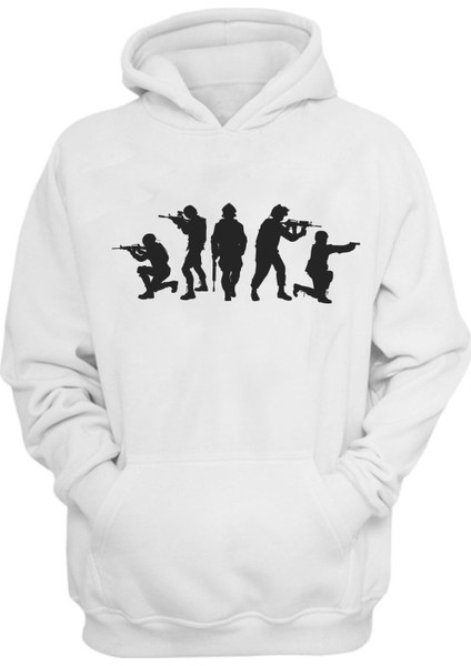 Unisex Savaş Alanları Siluet Baskılı Beyaz Normal Kalıp Şardonlu Kalın Sweatshirt