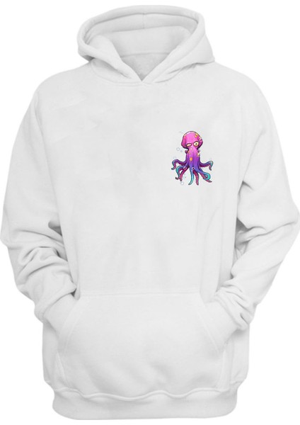 Unisex Renkli Ahtapot Ve Baloncukar Baskılı Beyaz Normal Kalıp Şardonlu Kalın Sweatshirt