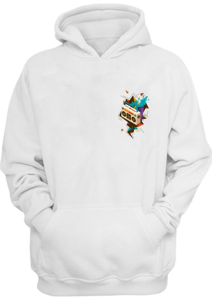 Unisex Renkli Radyo Baskılı Beyaz Normal Kalıp Şardonlu Kalın Sweatshirt