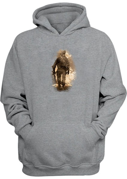 Unisex Modern War Fare 2 Baskılı Gri Normal Kalıp Şardonlu Kalın Sweatshirt