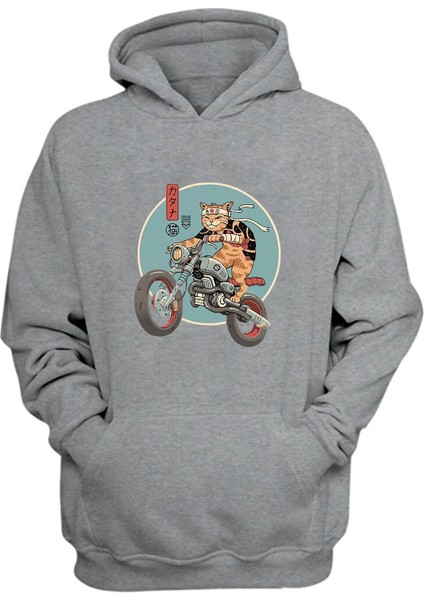 Unisex Motorlu Cat Baskılı Gri Normal Kalıp Şardonlu Kalın Sweatshirt