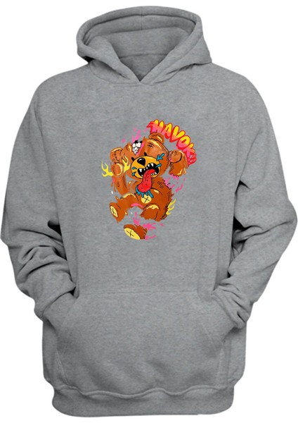 Unisex Havok Bear Baskılı Gri Normal Kalıp Şardonlu Kalın Sweatshirt