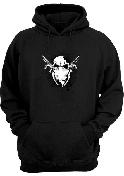 Unisex Skull With Assault Rifle Baskılı Siyah Normal Kalıp Şardonlu Kalın Sweatshirt
