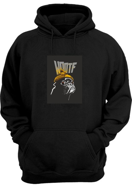 Unisex Wootf Sarı Bereli Dog Baskılı Siyah Normal Kalıp Şardonlu Kalın Sweatshirt