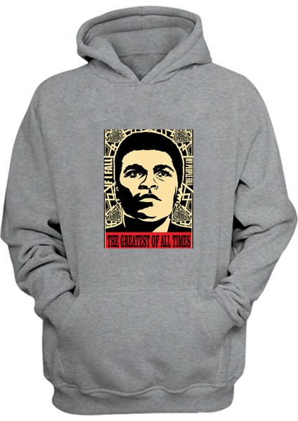 Unisex Muhammed Ali Baskılı Gri Normal Kalıp Şardonlu Kalın Sweatshirt