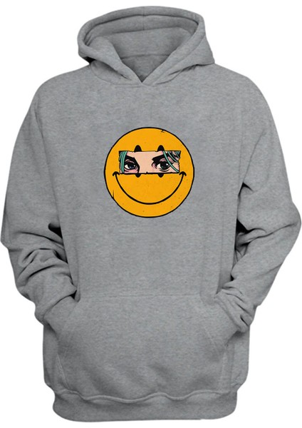 Unisex Smiley Anime Gözler Baskılı Gri Normal Kalıp Şardonlu Kalın Sweatshirt