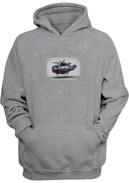 Unisex Uçan Motor Baskılı Gri Normal Kalıp Şardonlu Kalın Sweatshirt