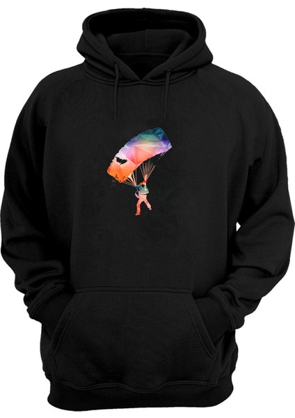 Unisex Paraşüt Kullanan Adam Baskılı Siyah Normal Kalıp Şardonlu Kalın Sweatshirt