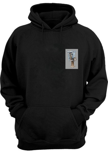 Unisex Telefon Kulubesi Baskılı Siyah Normal Kalıp Şardonlu Kalın Sweatshirt