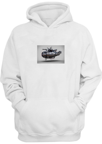 Unisex Uçan Motor Baskılı Beyaz Normal Kalıp Şardonlu Kalın Sweatshirt