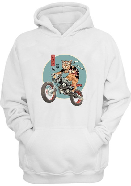 Unisex Motorlu Cat Baskılı Beyaz Normal Kalıp Şardonlu Kalın Sweatshirt