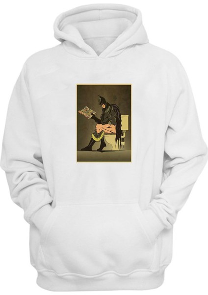 Unisex Batman Klozet Baskılı Beyaz Normal Kalıp Şardonlu Kalın Sweatshirt