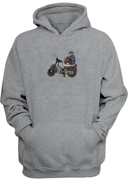 Unisex Motorun Üstünde Oturan Adam Baskılı Gri Normal Kalıp Şardonlu Kalın Sweatshirt