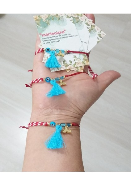 Üç Adet Mavi Nazar Boncuklu Püsküllü Çek Boncuklu Denizkızı Kuyruğu Marteniçka Bileklik