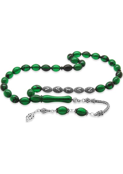 925 Ayar Gümüş Püsküllü Arpa Kesim Gümüş Isim Yazılı Yeşil-Siyah Ateş Kehribar Tesbih