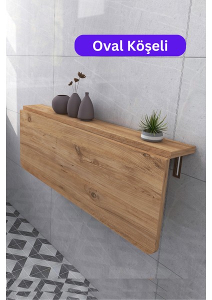 60X90 cm Oval Köşeli Çam Ahşap Desenli Sabit Raflı Duvara Monte Kırma Katlanır Mutfak Masası