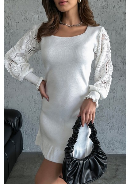 Kolları Dantel Deteylı Eteği Fırfırlı Süper Mini Beyaz Elbise modelleri