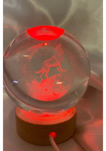 3D LED Işık Cam Küre Çok Işıklı Ahşap Kurt 3 Hilal Büyük Boy 8cm