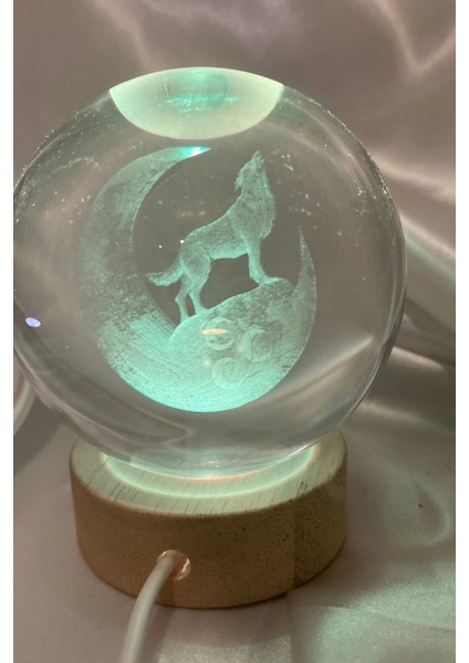 3D LED Işık Cam Küre Çok Işıklı Ahşap Kurt 3 Hilal Büyük Boy 8cm fiyatları