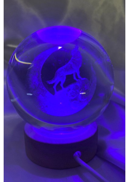 3D LED Işık Cam Küre Çok Işıklı Ahşap Kurt 3 Hilal Büyük Boy 8cm modelleri
