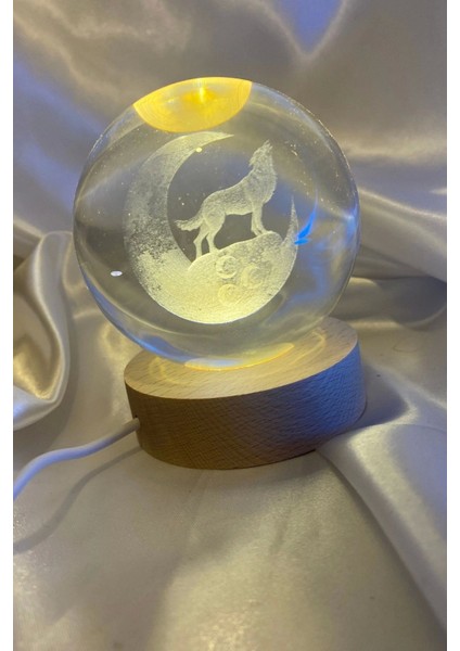 3D LED Işık Cam Küre Çok Işıklı Ahşap Kurt 3 Hilal Büyük Boy 8cm fırsatları