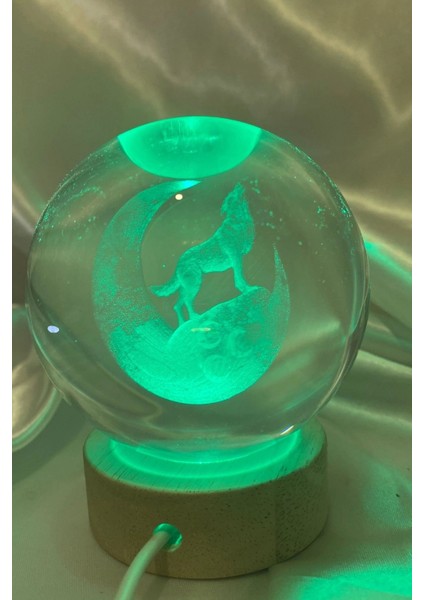 3D LED Işık Cam Küre Çok Işıklı Ahşap Kurt 3 Hilal Büyük Boy 8cm indirimleri