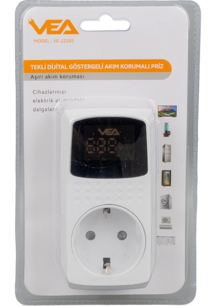 VE-22393 16A 3520W Tekli Dijital Göstergeli Akım Korumalı Priz