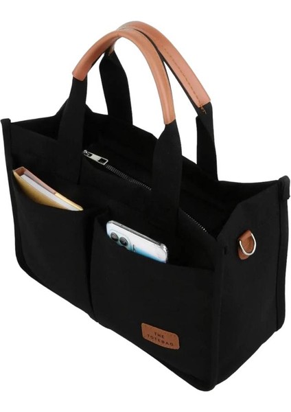 Kanvas Kumaş Önü Cepli Tote Bag El ve Omuz Çantası