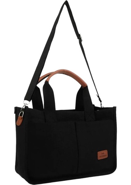 Kanvas Kumaş Önü Cepli Tote Bag El ve Omuz Çantası