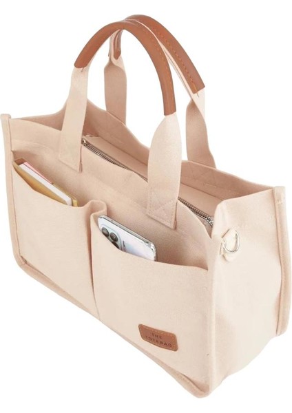 Kanvas Kumaş Önü Cepli Tote Bag El ve Omuz Çantası