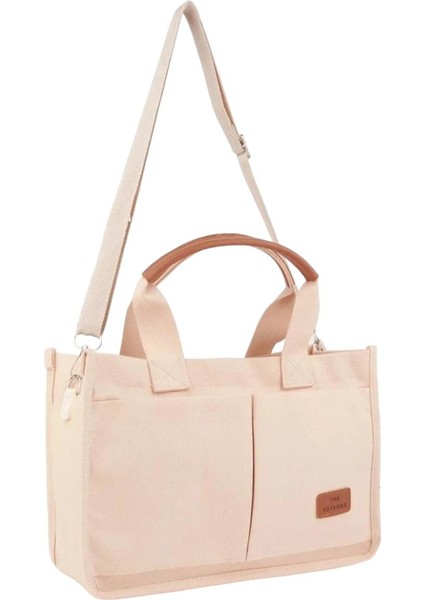Kanvas Kumaş Önü Cepli Tote Bag El ve Omuz Çantası