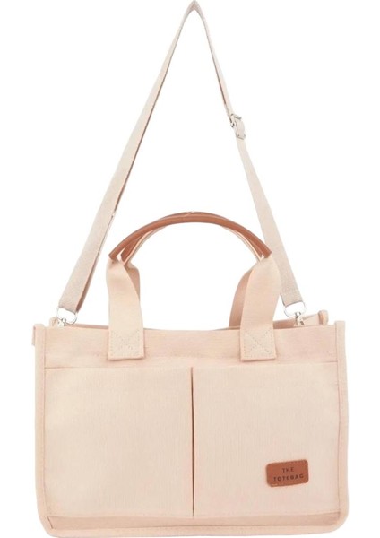 Kanvas Kumaş Önü Cepli Tote Bag El ve Omuz Çantası