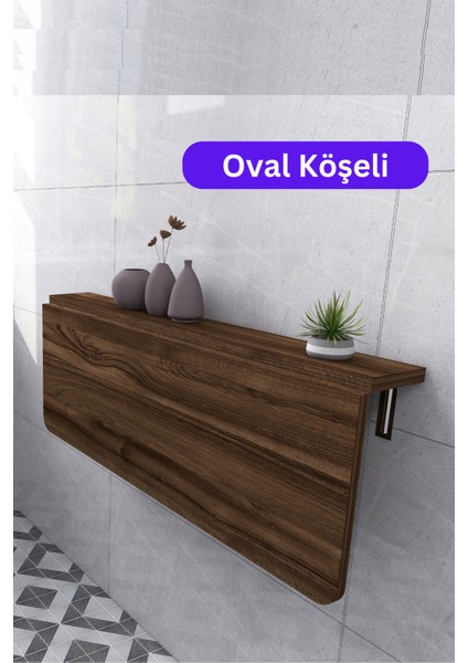 60X90 cm Oval Köşeli Ceviz Ahşap Desenli Sabit Raflı Duvara Monte Kırma Katlanır Mutfak Masası