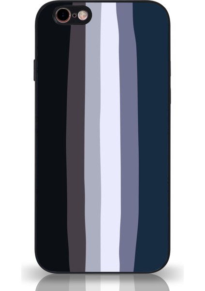 Apple iPhone 6 Plus Kamera Korumalı Mavi Gökkuşağı Desenli Cam Kılıf Siyah