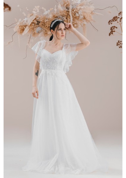 Brıde In Love Kırık Beyaz Melek Kollu Dantel Gelinlik Nikah Elbisesi
