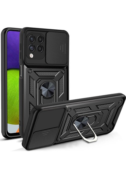 Samsung Galaxy A12 / M12 Kılıf Kamera Korumalı Sürgülü Yüzüklü Standlı