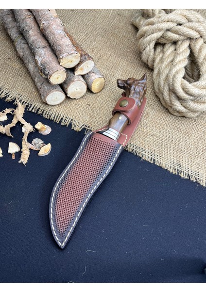 El Yapımı Doğa Spor Outdoor Bushcraft 28 cm Kurt Başlı Yatağan Kamp Mutfak Bıçağı Deri Kılıflı