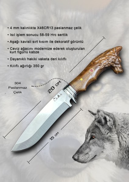 El Yapımı Doğa Spor Outdoor Bushcraft 28 cm Kurt Başlı Yatağan Kamp Mutfak Bıçağı Deri Kılıflı