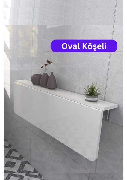 60X90 cm Oval Köşeli Parlak Beyaz Sabit Raflı Duvara Monte Kırma Katlanır Mutfak Masası