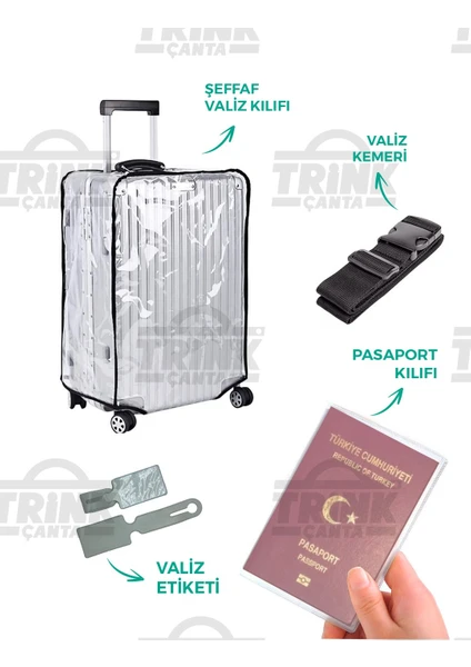 Trink Çanta Şeffaf Valiz Kılıfı Seti ( BÜYÜK ) (Valiz Kılıfı-Valiz Kemeri-Valiz Etiketi-Pasaport Kılıfı)