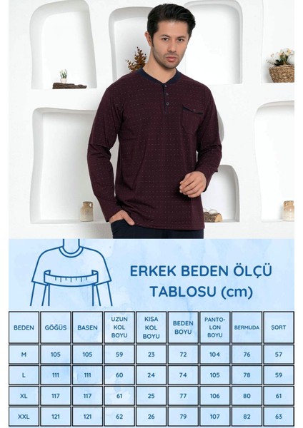 Erkek Bordo O Yaka Patlı Düğmeli Uzun Kollu Mini Puantiyeli Likralı Cepli Pijama Takımı EDY1190UK-B