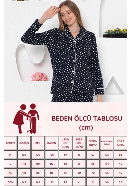 Kadın Lacivert Kalpli Desen Boydan Düğmeli Gömlek Yaka Uzun Kollu Pijama Takımı EDY2764UK-L