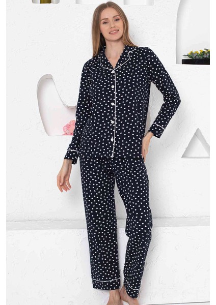 Kadın Lacivert Kalpli Desen Boydan Düğmeli Gömlek Yaka Uzun Kollu Pijama Takımı EDY2764UK-L fiyatları