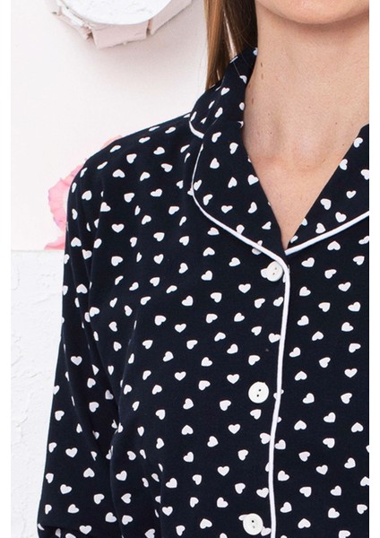 Kadın Lacivert Kalpli Desen Boydan Düğmeli Gömlek Yaka Uzun Kollu Pijama Takımı EDY2764UK-L fırsatları