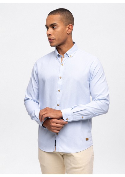 Açık Mavi Slim Fit %100 Pamuk Kolay Ütülenebilir Oxford Gömlek fiyatları