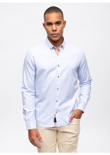 Slim Fit Düğmeli Yaka Düz Açık Mavi Erkek Gömlek B33W20051 modelleri