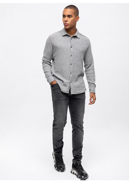 Regular Fit Düğmeli Yaka Düz Açık Gri Erkek Gömlek B33W22011