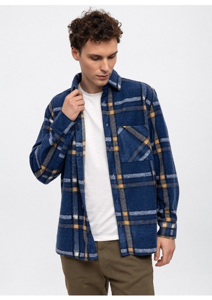 Oversize Klasik Yaka Kareli Lacivert Erkek Gömlek B33W22049