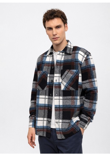 Oversize Klasik Yaka Kareli Siyah Erkek Gömlek B33W22053 modelleri